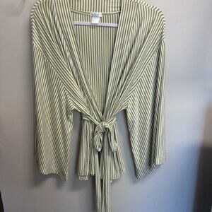 Lake Pajamas Robe Top Striped Long Sleeve Belted Modal White Green Women Size XL